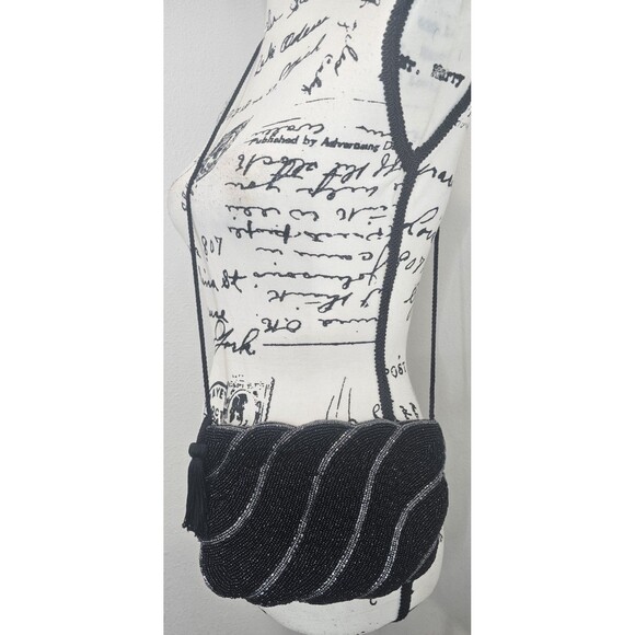 Vintage Hand Beaded Silver Black Linear Design Shoulder Crossbody Evening Bag - Picture 1 of 14